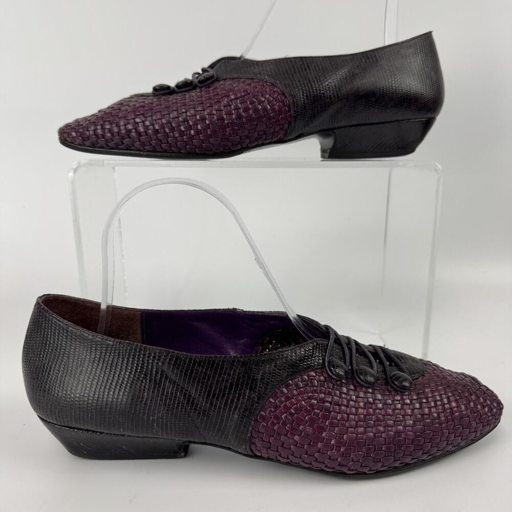 Stuart Weitzman Black Purple Woven Leather Oxford Button Detail READ!! 7.5